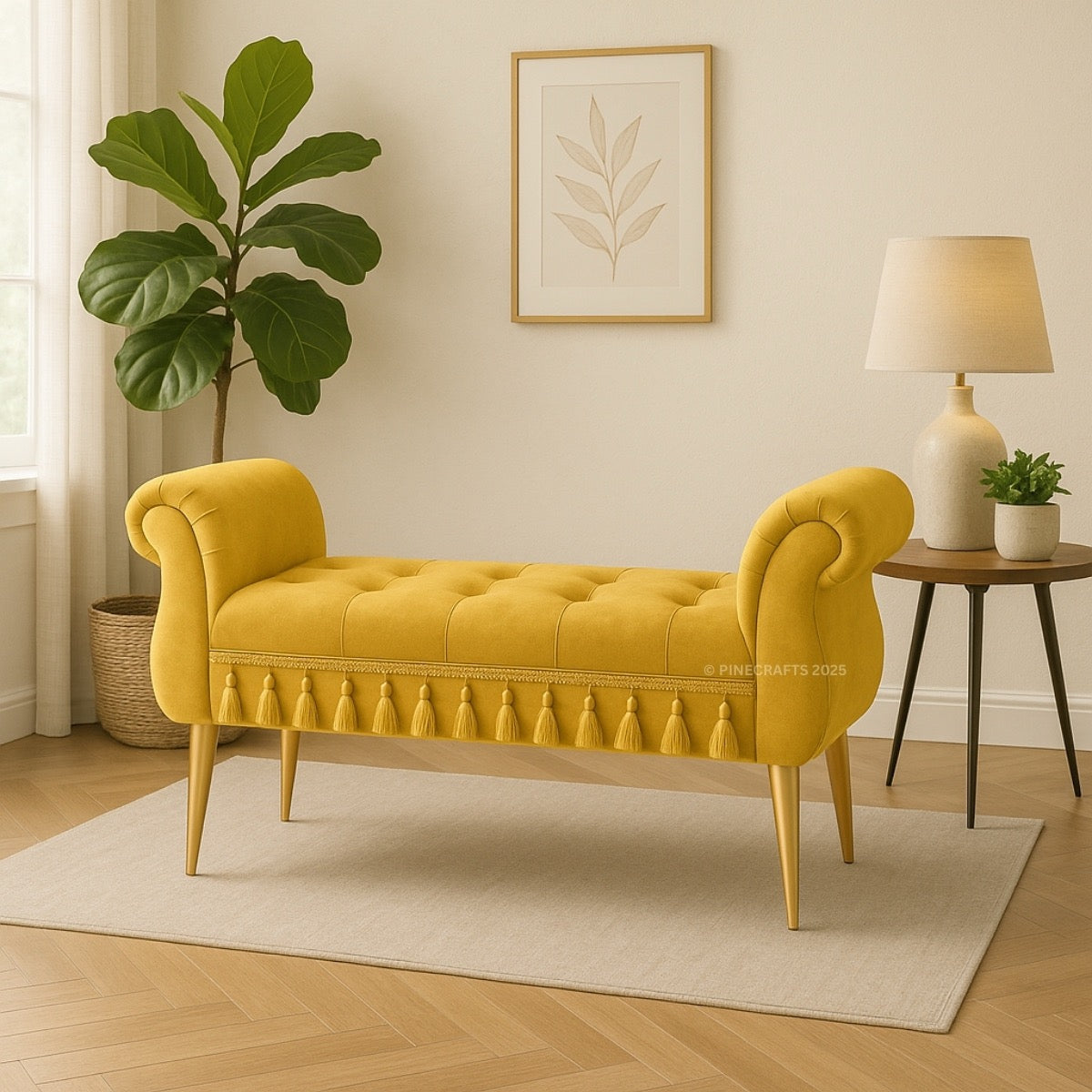 Yellow tufted bench in a room with a plant, lamp, and side table.